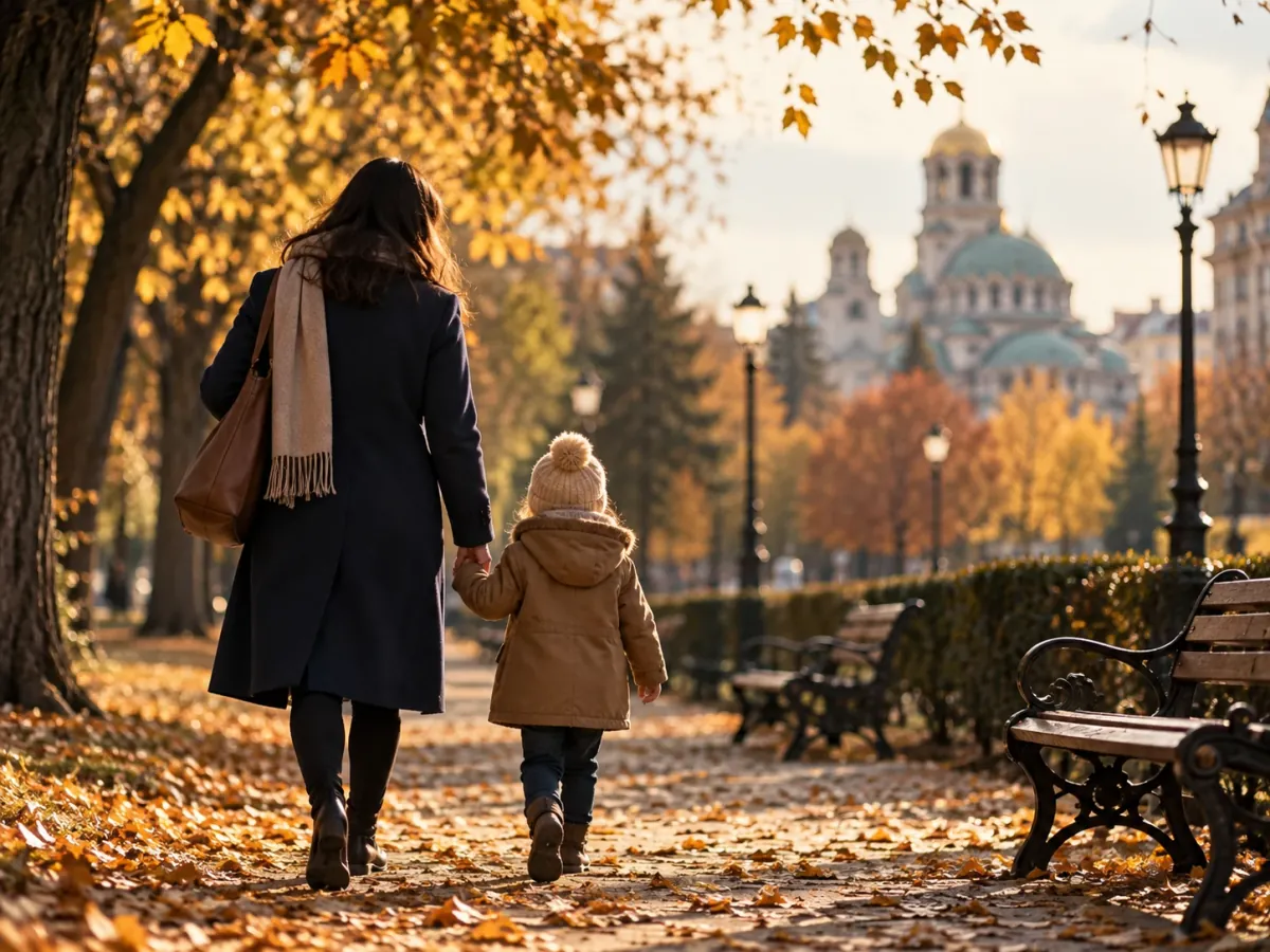 Родител и дете вървят хванати за ръка в парк в София